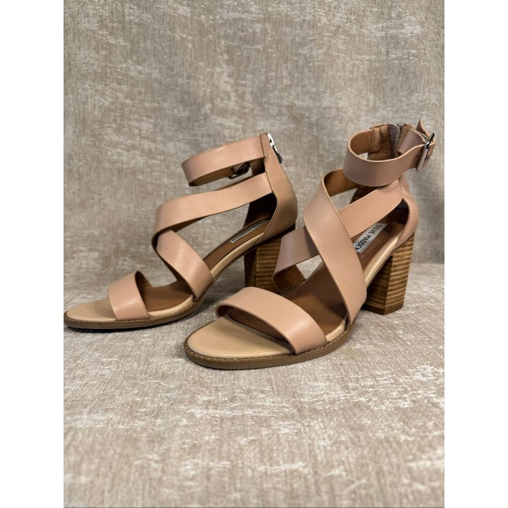 Steve Madden Women's Elita Leather Stacked Heel Strappy Sandals Natural Size 8.5